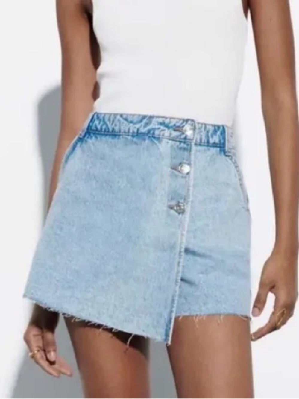 Zara Light Blue Denim Asymmetric Button Wrap Mini Skirt WOMEN XS